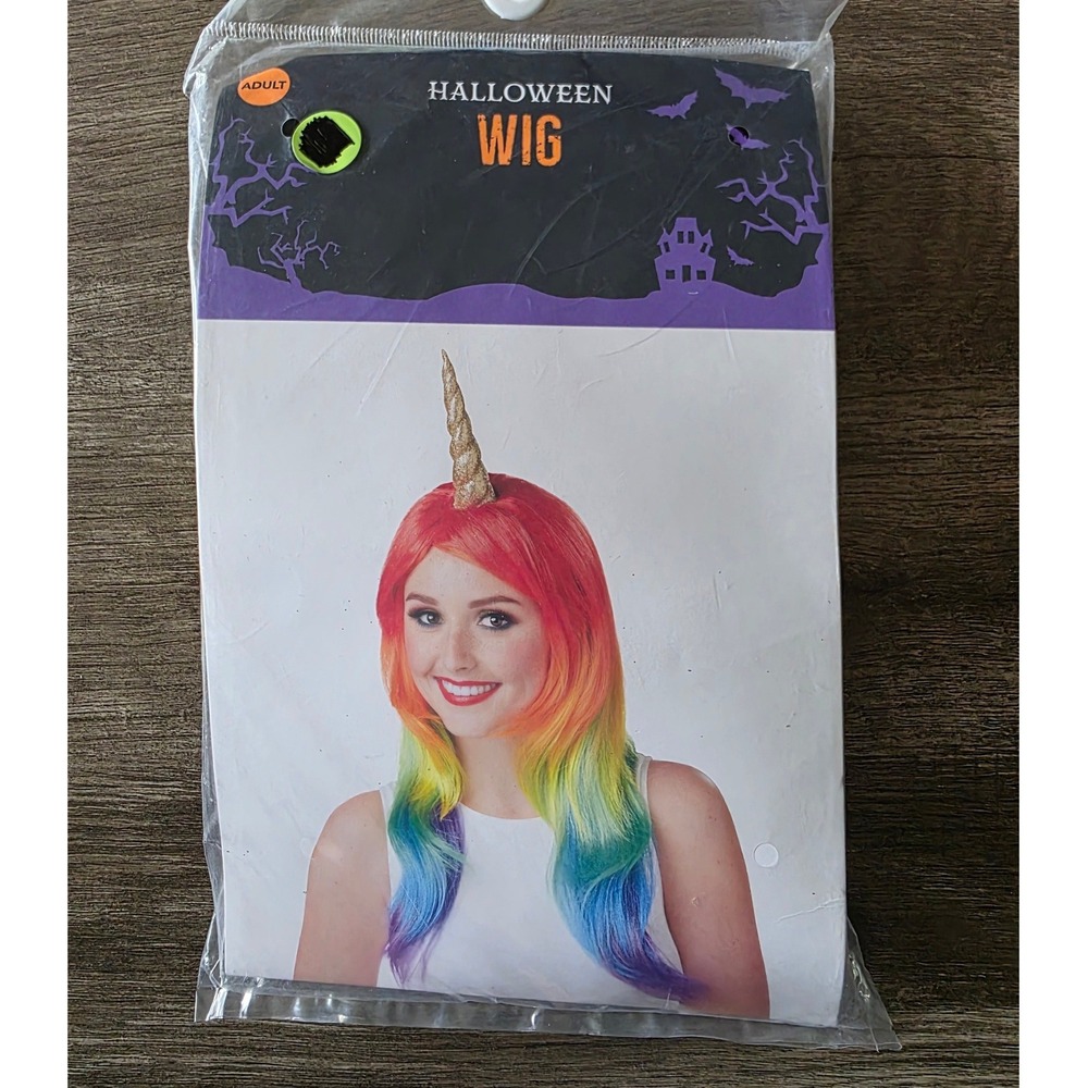 Adult Rainbow Unicorn Wig with Gold Glitter Horn Halloween Costume